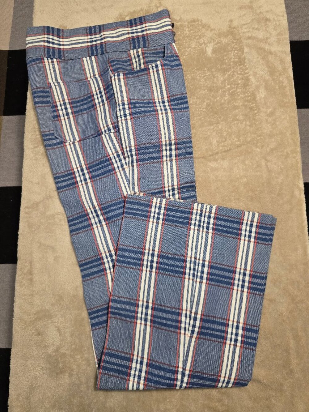 Vtg 1960s/70s Day-Press Blue Tartan Plaid Wide Leg Trousers Tall 34" /30 Waist
